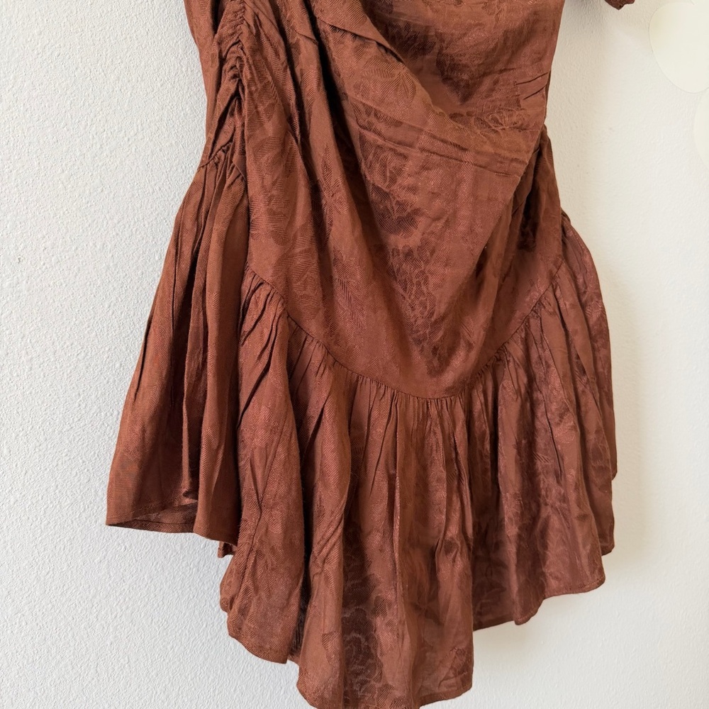 NWT ByTimo Jacquard Chocolate Brown Floral Ruched Ruffled Georgette Mini Dress - Picture 7 of 15